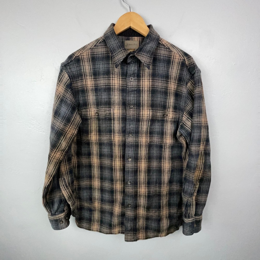 St. Johns Bay Shirt Mens Medium Tall Gray Plaid Thick Heavy Flannel Long Sleeve